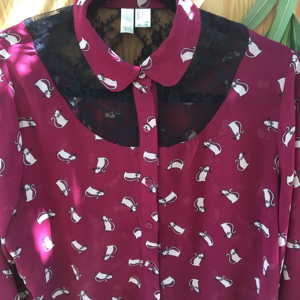 Cat Kitten Kitty Lace Button Down Blouse Burgundy - Picture 2 of 5